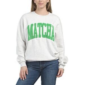 Pacific & Co MATCHA Sweatshirt Oatmeal Gray Green Graphic Pullover Unisex M